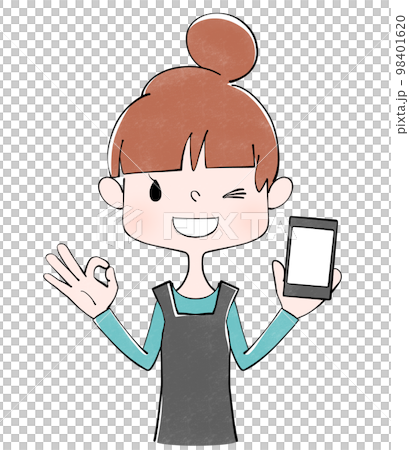 Illustration of a housewife holding a smartphone and giving an OK sign Illustration of a housewife holding a smartphone and giving an OK sign 98401620