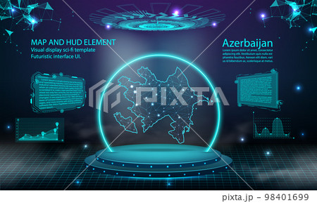 azerbaijan map light connecting effect background. abstract digital technology UI, GUI, futuristic HUD Virtual Interface with azerbaijan map. Stage futuristic podium in fog. 98401699