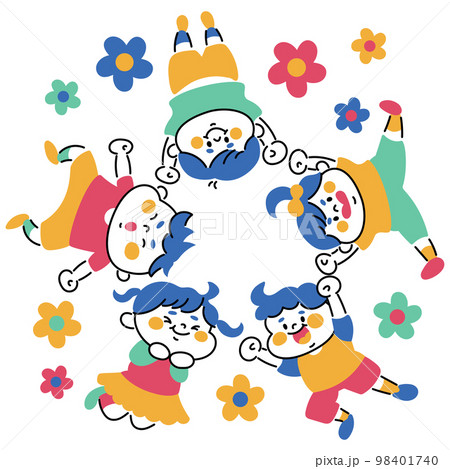 ジャンプする子供たちとお花のイラスト素材 98401740