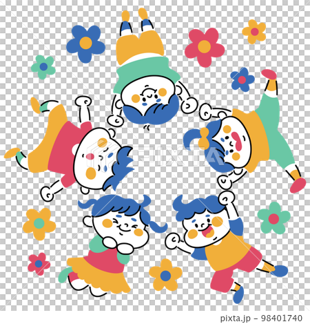 ジャンプする子供たちとお花のイラスト素材 98401740