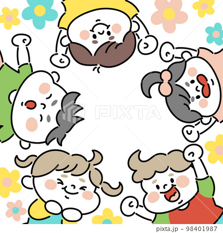 輪になる元気な子供たちとお花のイラスト素材 98401987