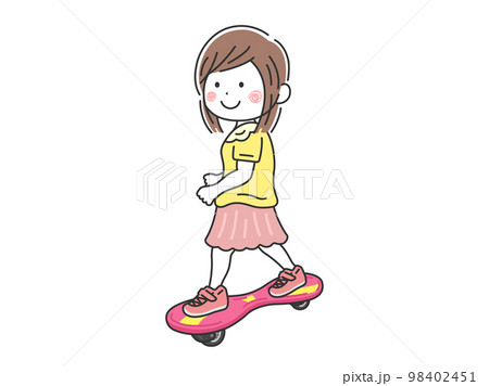 キャスターボードに乗る、女の子のイラスト キャスターボードに乗る、女の子のイラスト 98402451