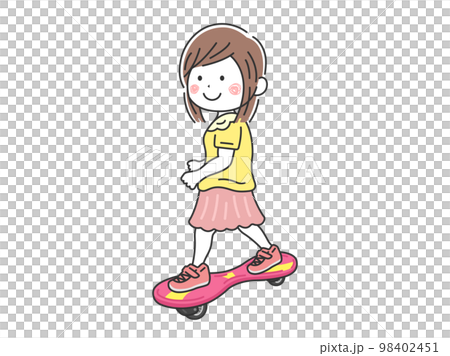 キャスターボードに乗る、女の子のイラスト キャスターボードに乗る、女の子のイラスト 98402451
