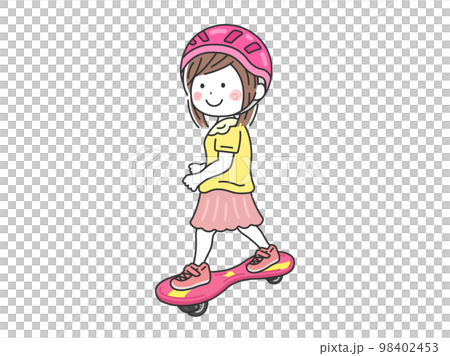 ヘルメットをかぶって、キャスターボードに乗る、女の子のイラスト 98402453
