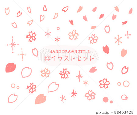 桜の手描きイラストのセット 春 かわいい 手書き アイコン サクラ さくら シンプル 花 花びらのイラスト素材