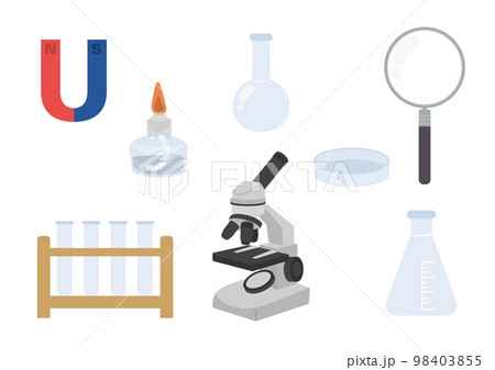 顕微鏡や虫眼鏡など理科の実験器具のイラストセット 98403855