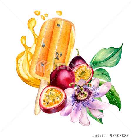 Passion fruit ice cream and splash juice watercolor illustration isolated on white. Passion fruit ice cream and splash juice watercolor illustration isolated on white. 98403888