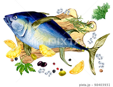 Set of tuna on cutting board watercolor illustration isolated on white. 98403931