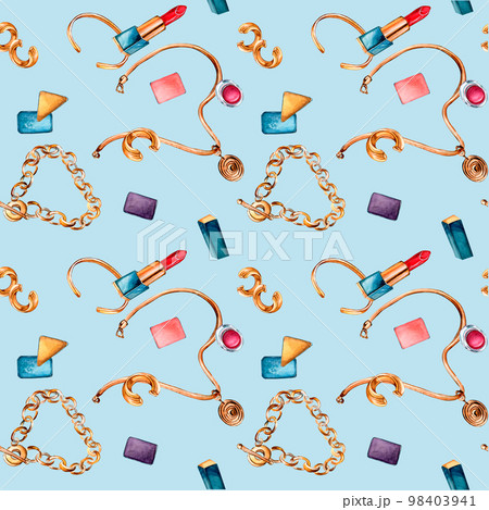 Femal accessories with chain, rouge watercolor seamless pattern isolated on azure 98403941