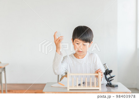 学校の授業で理科の実験・観察・研究・勉強をする小学生の男の子(顕微鏡・試験管・スポイト) 98403978