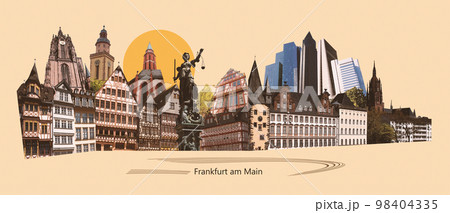Landmarks collage of the city of Frankfurt am Main, Germany - contemporary creative retro art collage or design - travel concept 98404335