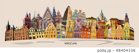 European city in art collage or design in modern contemporary retro style of Wroclaw - Poland 98404336