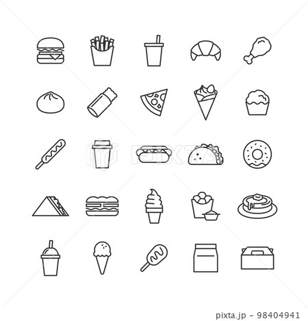 ファーストフードの線画アイコンセット（色なし） 98404941