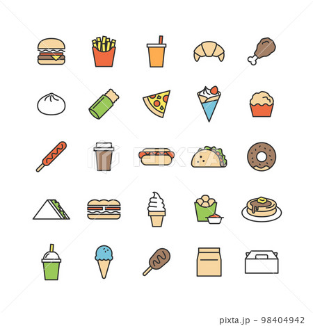 ファーストフードの線画アイコンセット（色あり） 98404942