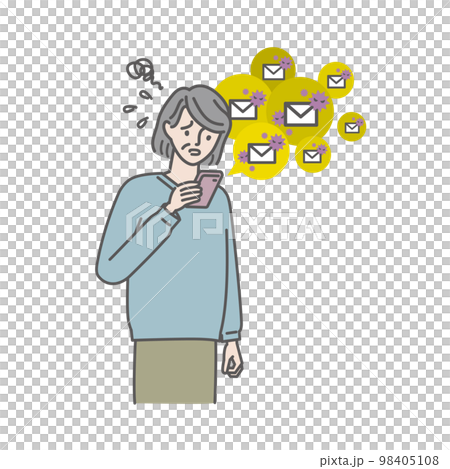 A senior woman who is confused by spam mails arriving one after another 98405108
