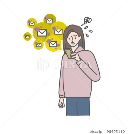 迷惑メールが次々と届いて困惑する若い女性 迷惑メールが次々と届いて困惑する若い女性 98405110