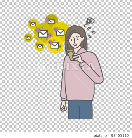 迷惑メールが次々と届いて困惑する若い女性 迷惑メールが次々と届いて困惑する若い女性 98405110