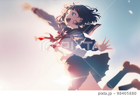 青空の下ジャンプする女子高生「AI生成画像」 98405880