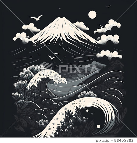 日本画 日本海の荒波と富士山「AI生成画像」のイラスト素材 [98405882