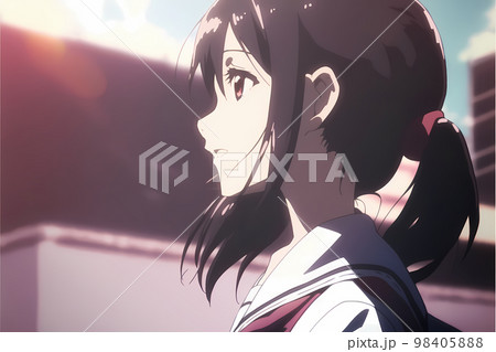 横顔の女学生　黒髪ロング　アニメ風イラスト「AI生成画像」 98405888