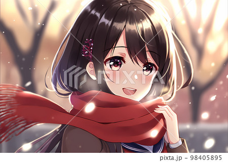 マフラーを巻いた女学生　アニメ風イラスト「AI生成画像」 98405895