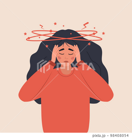 Anemia concept. Sad woman with dizziness. Unhappy girl suffers from vertigo and headache and needs medical help. Lack of iron in immune system. Vector illustration in flat cartoon style Anemia concept. Sad woman with dizziness. Unhappy girl suffers from vertigo and headache and needs medical help. Lack of iron in immune system. Vector illustration in flat cartoon style 98408054