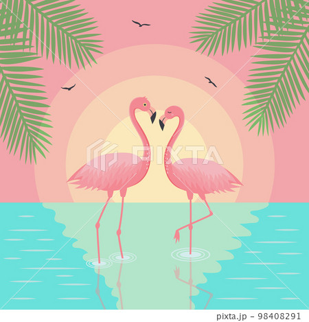 Landscape with sunset, couple of flamingos, palm leaves and seagulls. Valentine's day, love or summer concept. 98408291