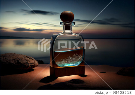 transparent spray bottle of perfume close up backdrop of sea at night. Presentation of unisex perfumes in sea environment. transparent spray bottle of perfume close up backdrop of sea at night. Presentation of unisex perfumes in sea environment. 98408518