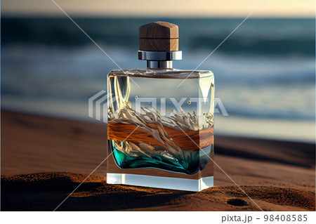transparent spray bottle of perfume close up backdrop of sea in sun. Presentation of unisex perfumes in sea environment. 98408585