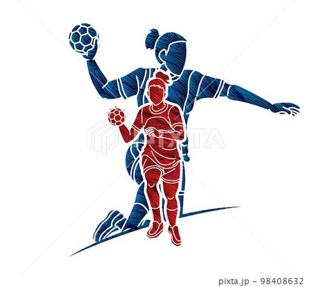 Handball Sport Female Players Mix Action Cartoon Graphic Vector 98408632