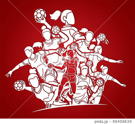 Handball Sport Female Players Mix Action Cartoon Graphic Vector 98408639