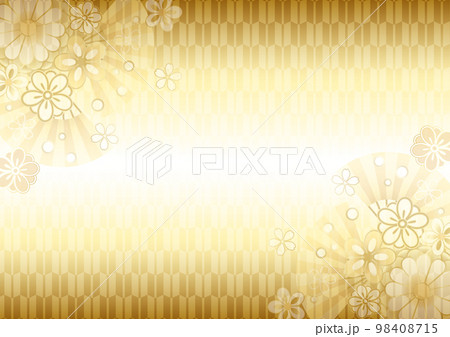 花と扇の矢がすり和背景ヨコ金 花と扇の矢がすり和背景ヨコ金 98408715