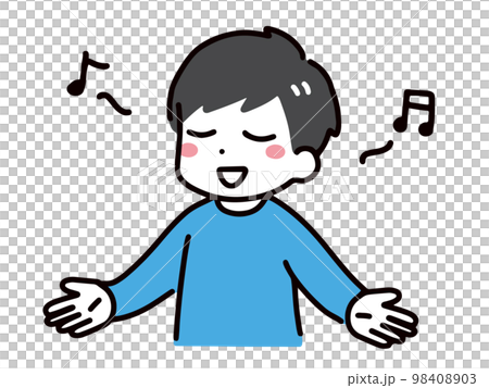 A young man (upper body only) in casual clothes, smiling and singing with his eyes closed, looking very happy. 98408903