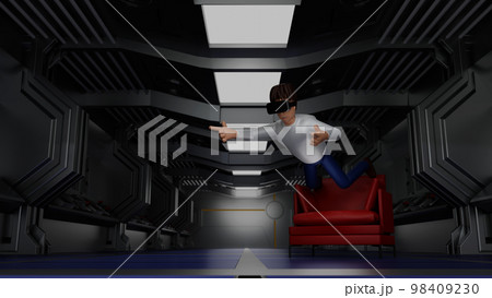 Man enjoy virtual reality with VR glasses and levitation in sci fi spaceship 3D rendering Man enjoy virtual reality with VR glasses and levitation in sci fi spaceship 3D rendering 98409230