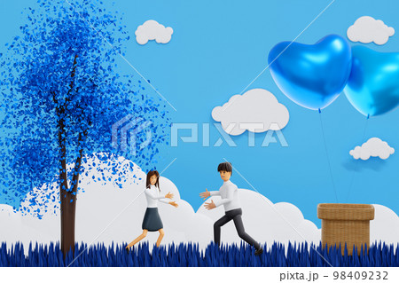 Couple fall in love in field under the tree with sky cloud valentine's Day celebration, 3D rendering Couple fall in love in field under the tree with sky cloud valentine's Day celebration, 3D rendering 98409232