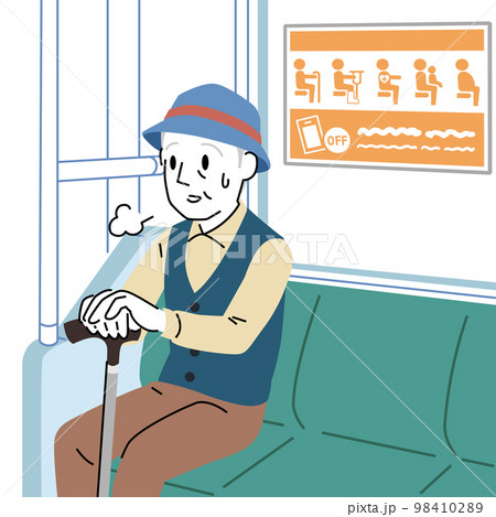 シンプルなタッチのヘルプマークを付けた優先席に座るシニア男性 シンプルなタッチのヘルプマークを付けた優先席に座るシニア男性 98410289