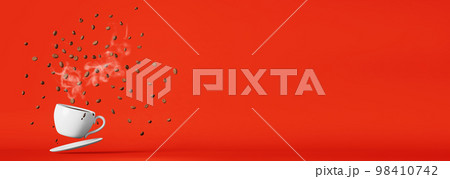 Floating porcelain coffee cup flying beans explosion 3D rendering. Hot fresh brewed espresso drink advertising template. 98410742