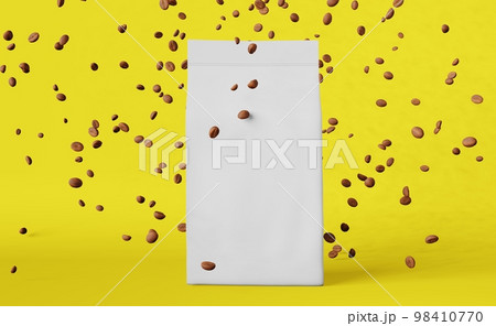 White matte pouch bags falling coffee beans yellow 3D rendering. Merchandise discount packaging shop design promo sale. 98410770