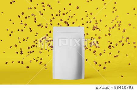 White matte pouch bags falling coffee beans yellow 3D rendering. Merchandise discount packaging shop design promo sale. White matte pouch bags falling coffee beans yellow 3D rendering. Merchandise discount packaging shop design promo sale. 98410793