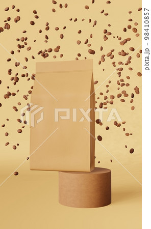 Brown paper pouch bags falling coffee beans podium 3D rendering. Merchandise discount packaging shop design promo sale. Brown paper pouch bags falling coffee beans podium 3D rendering. Merchandise discount packaging shop design promo sale. 98410857