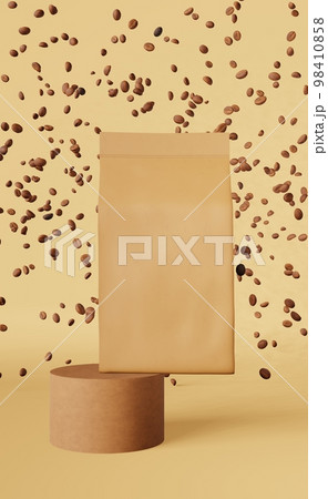 Brown paper pouch bags falling coffee beans podium 3D rendering. Merchandise discount packaging shop design promo sale. Brown paper pouch bags falling coffee beans podium 3D rendering. Merchandise discount packaging shop design promo sale. 98410858