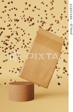 Brown paper pouch bags falling coffee beans podium 3D rendering. Merchandise discount packaging shop design promo sale. Brown paper pouch bags falling coffee beans podium 3D rendering. Merchandise discount packaging shop design promo sale. 98410859