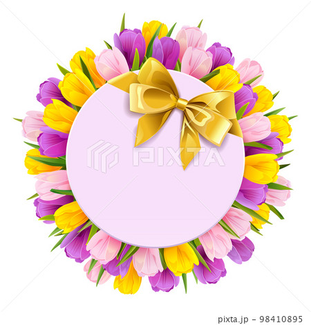 Vector Tulips Round Frame with Gift 98410895