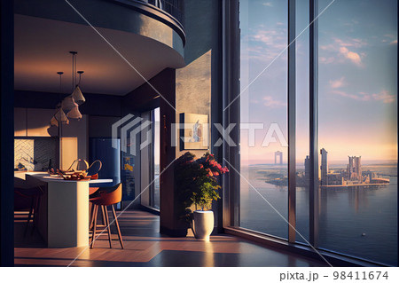 Empty loft style room with concrete floor and city view Empty loft style room with concrete floor and city view 98411674