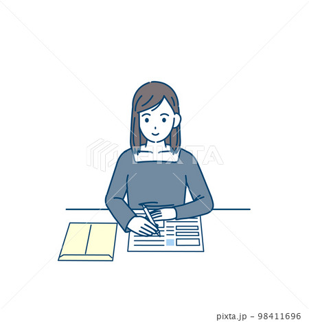 履歴書を書く若い女性のイラスト　就職活動 98411696