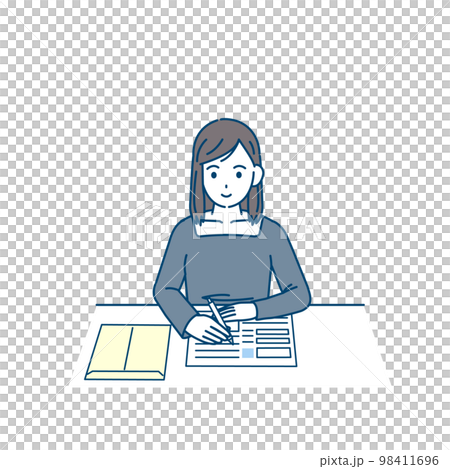 履歴書を書く若い女性のイラスト　就職活動 98411696