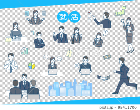 就職活動をする若い男女のイラストセット 就活 面接 就職活動をする若い男女のイラストセット 就活 面接 98411700