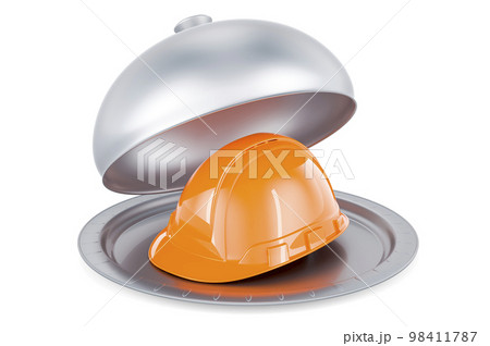 Restaurant cloche with Construction Orange Hard Hat, 3D rendering 98411787