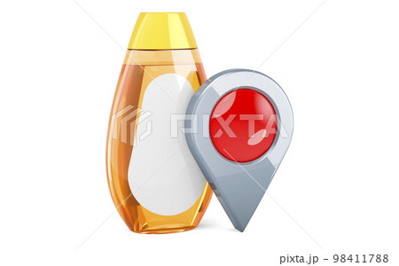 Shampoo bottle with map pointer. 3D rendering Shampoo bottle with map pointer. 3D rendering 98411788