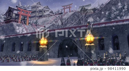 和風ファンタジー 雪ときつねとトンネルと コンセプトアート のイラスト素材